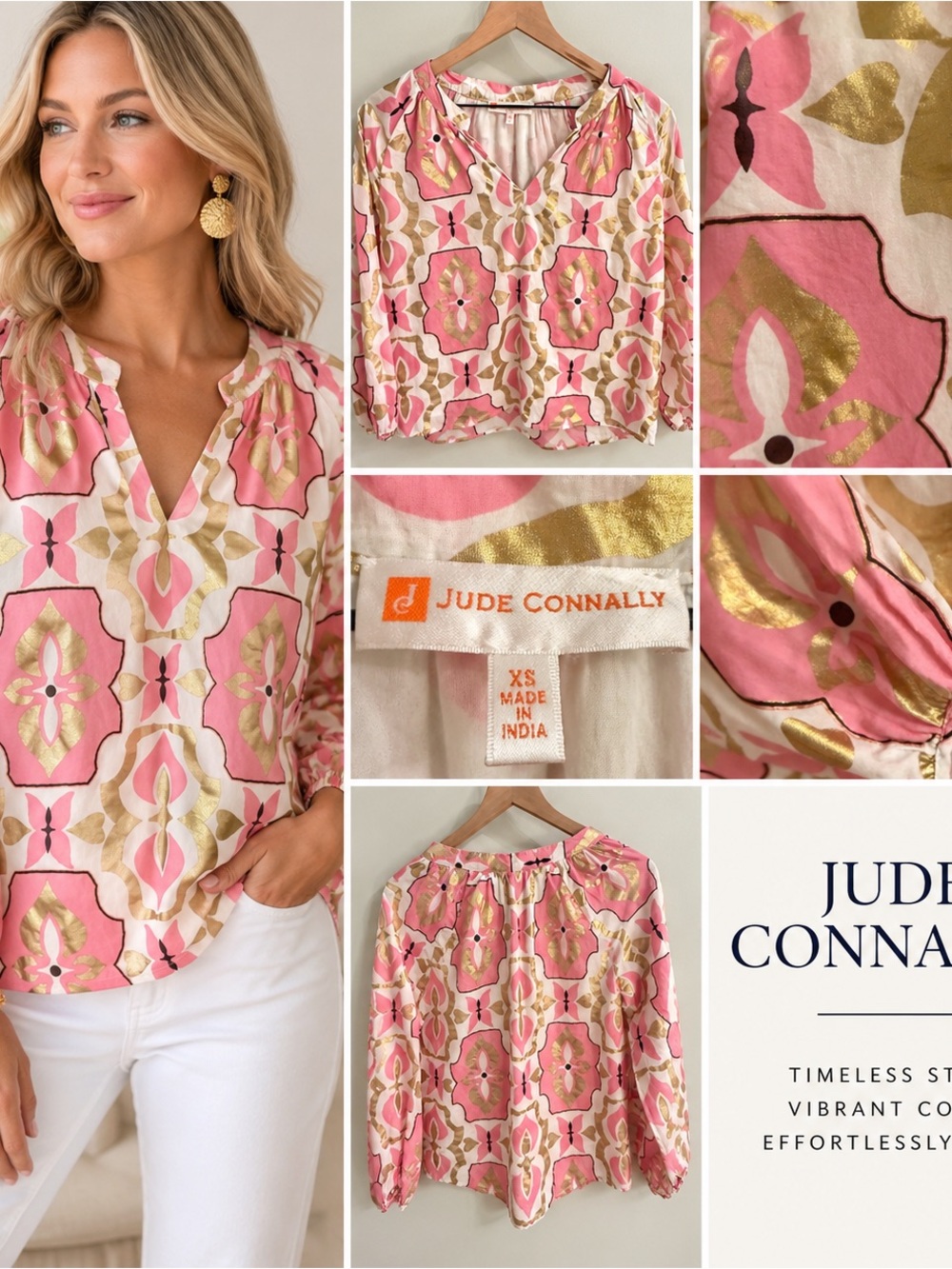 Jude Connally XS Pink Gold Metallic Medallion Print V-Neck Blouse Tunic Top